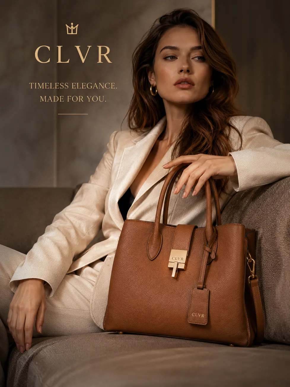 Werbemotiv: Frau im hellen Anzug mit derselben Ledertasche, Schriftzug Timeless Elegance